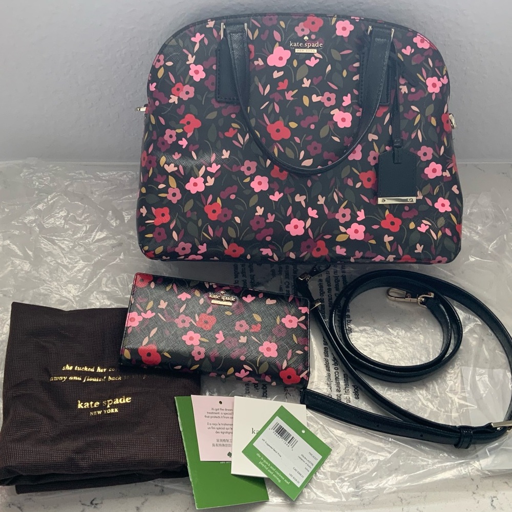 Kate Spade Cameron Street Boho Lottie Black Floral Purse Satchel and Wallet